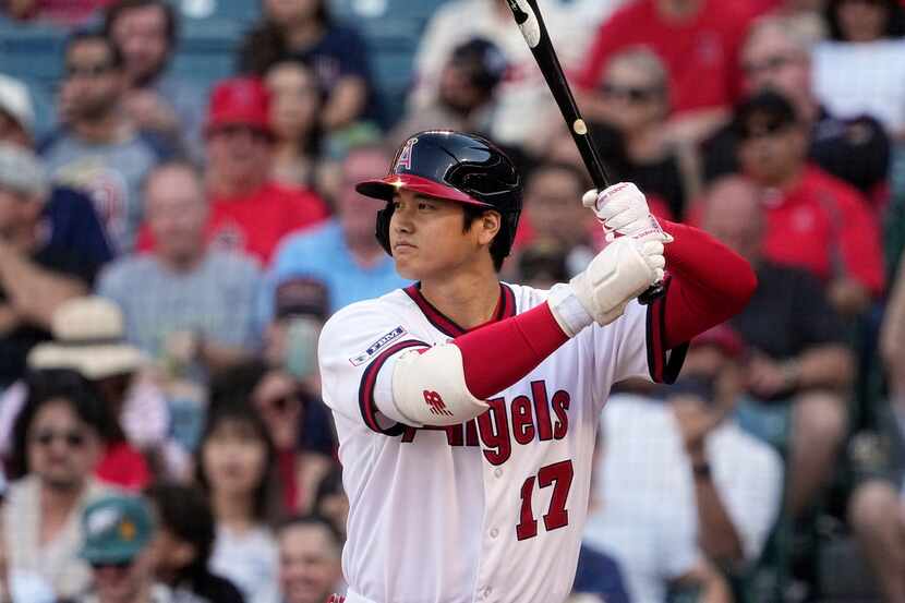 Los Angeles Angels' Shohei Ohtani bats during the first inning of a baseball game against...
