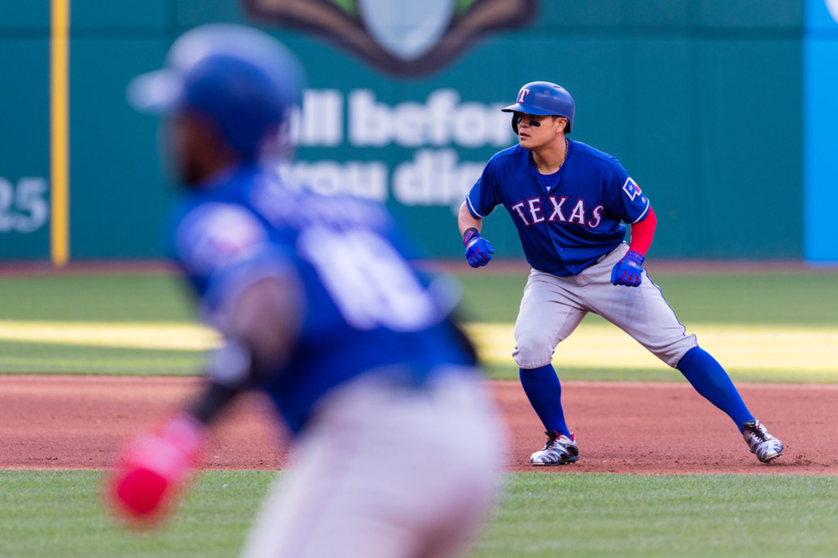 CLEVELAND, OH - APRIL 30: Jurickson Profar #19 takes a lead off first as Shin-Soo Choo #17...