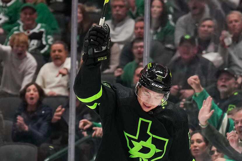 Dallas Stars left wing Jason Robertson (21) celebrates after scoring a goal during the first...