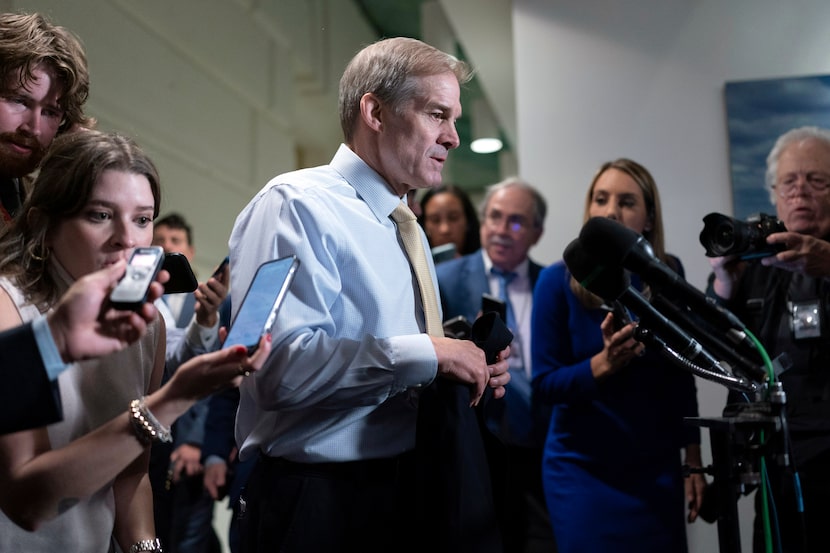 Rep. Jim Jordan, R-Ohio, chairman of the House Judiciary Committee talks to reporters as...