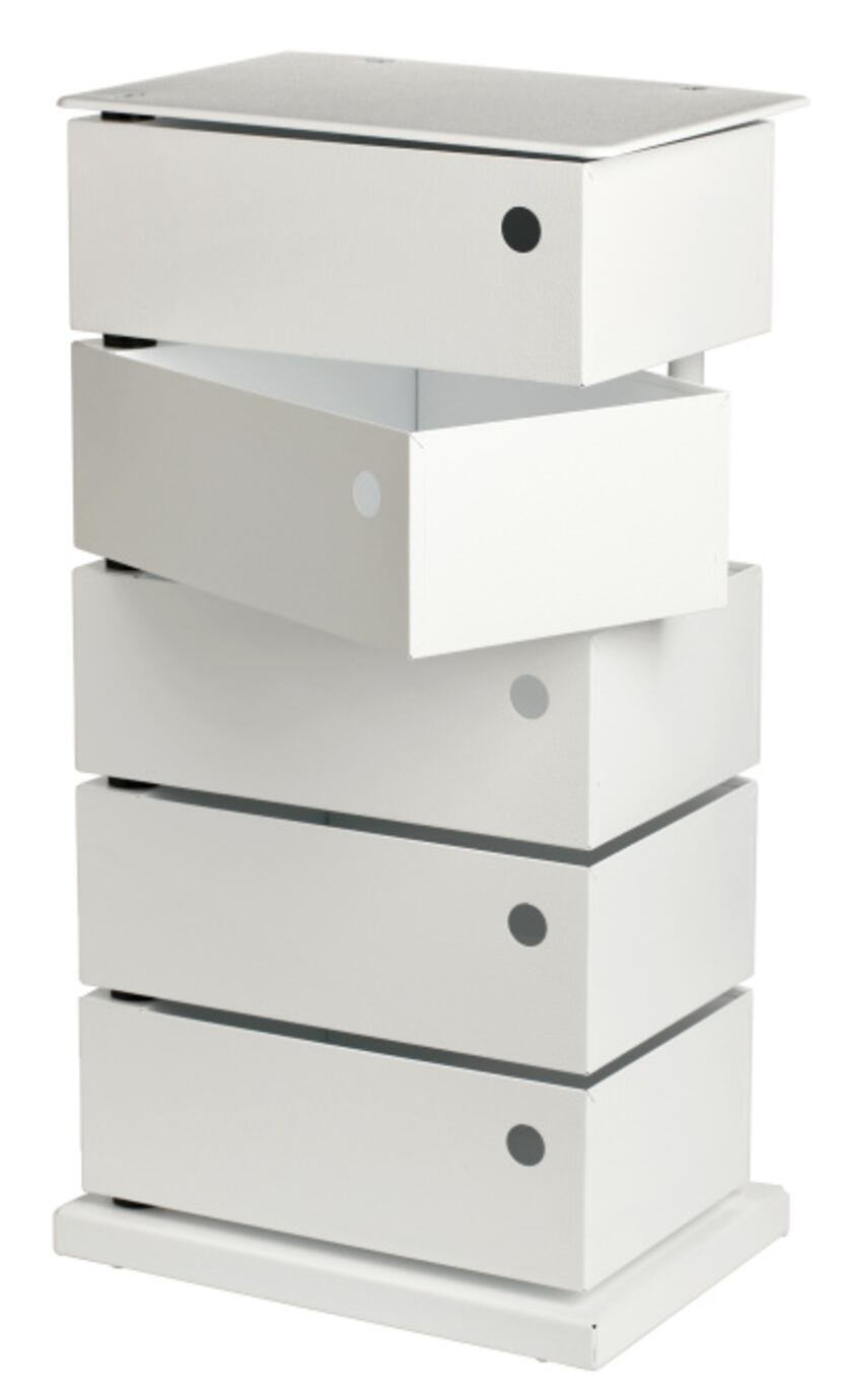 Stash: Available in white, red or gray, the five-bin storage tower affords extra space for...