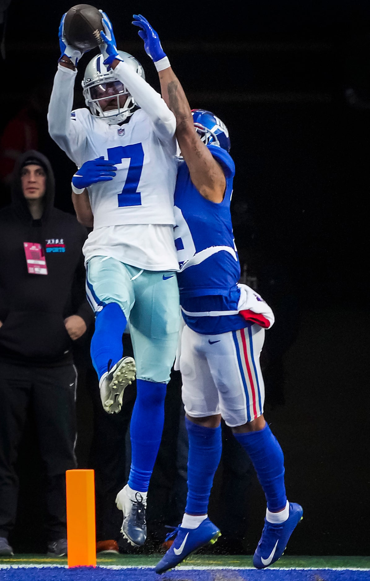 Dallas Cowboys cornerback Trevon Diggs (7) intercepts a pass in the end zone intended for...