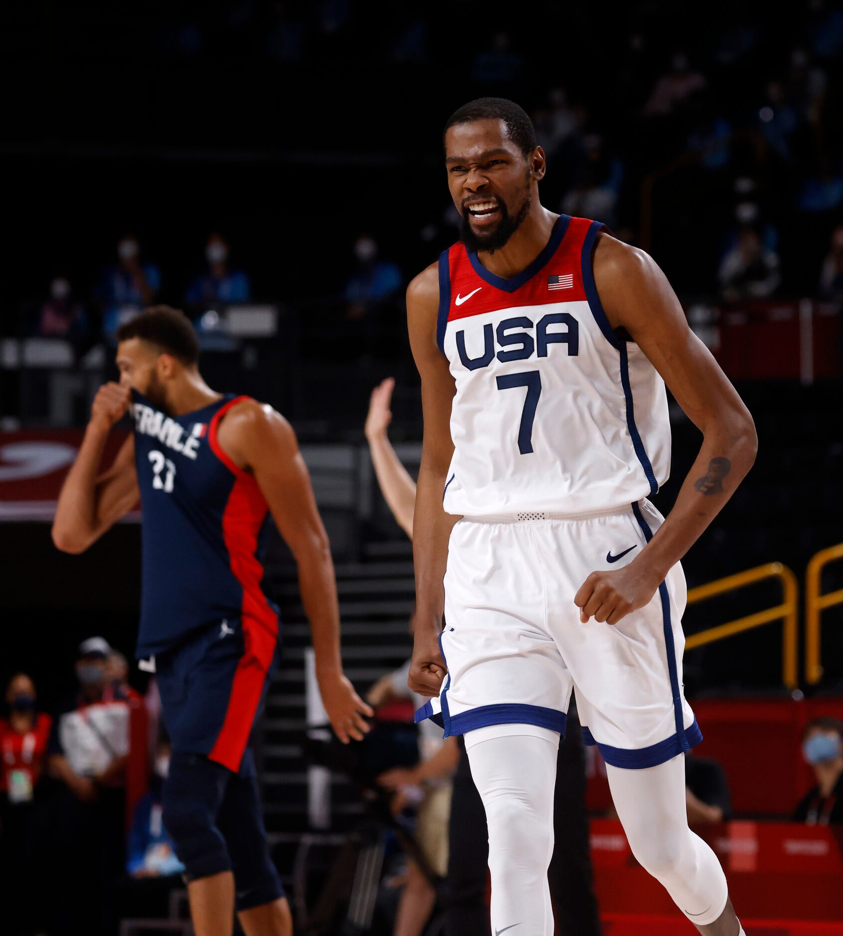 USA’s Kevin Durant celebrates after making a three pointer in a game against France during...