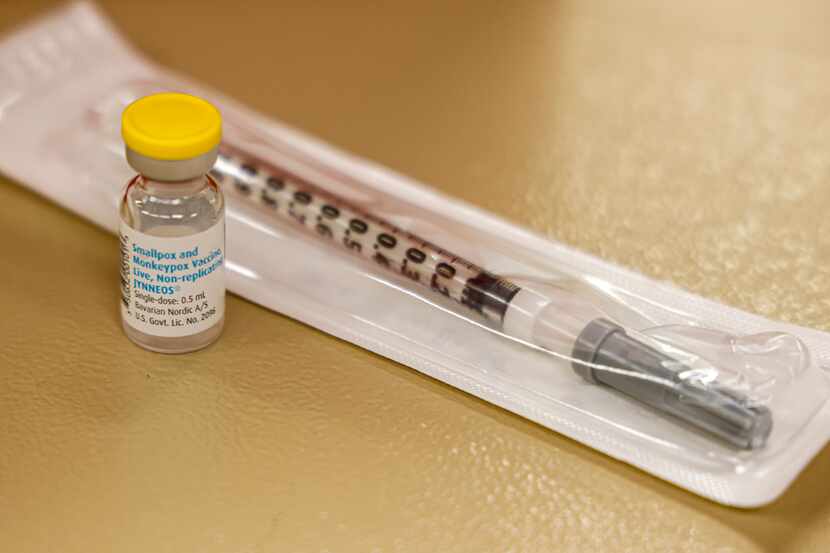 FILE - A vial containing the monkeypox vaccine and a syringe is set on the table at a...