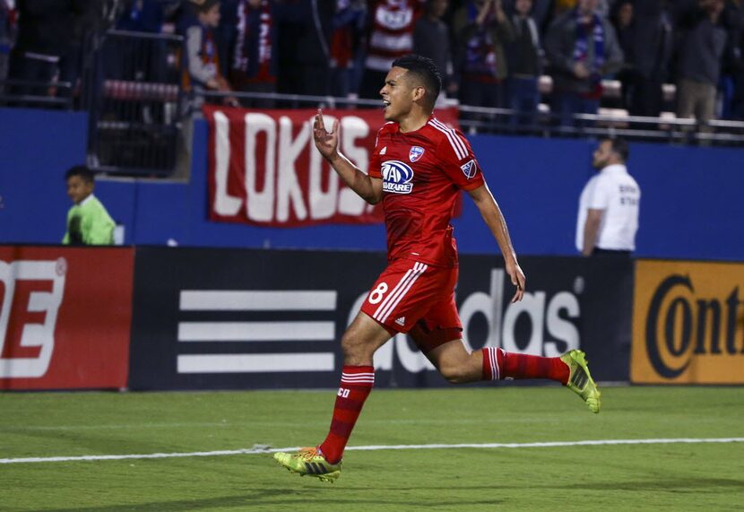 Oct 25, 2015; Dallas, TX, USA; FC Dallas midfielder Victor Ulloa (8) celebrates after...