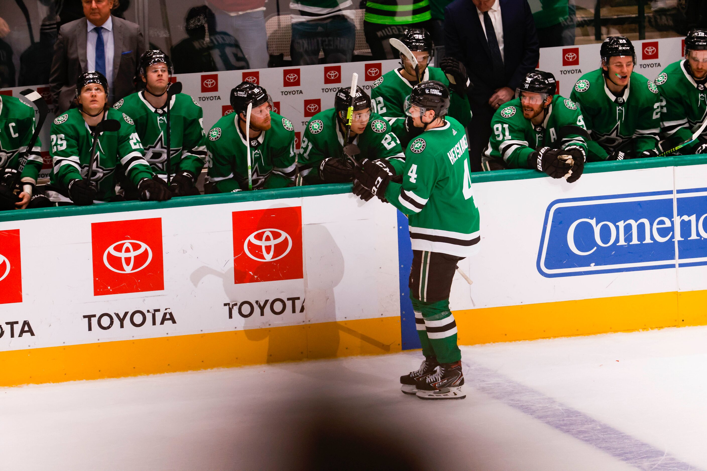 Dallas Stars defenseman Miro Heiskanen (4) skates to the bench after scoring during the...