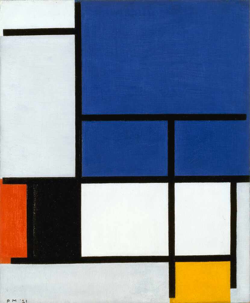 Piet Mondrian, Composition with Large Blue Plane, Red, Black, Yellow, and Gray, 1921, oil on...