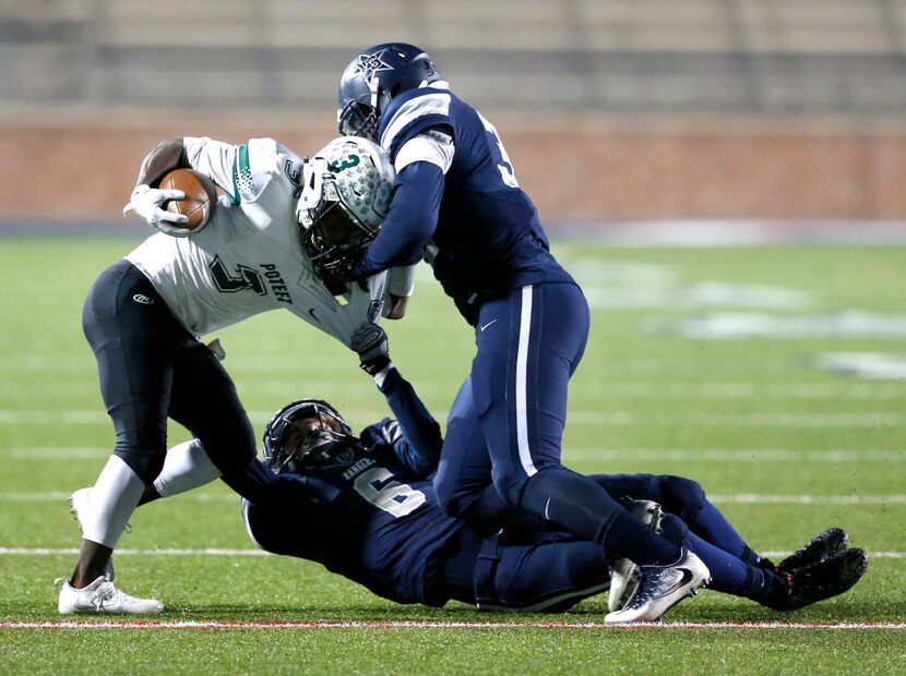 Mesquite Poteet wide receiver Aarmonie Morris (3) is tackled by Frisco Lone Star defensive...