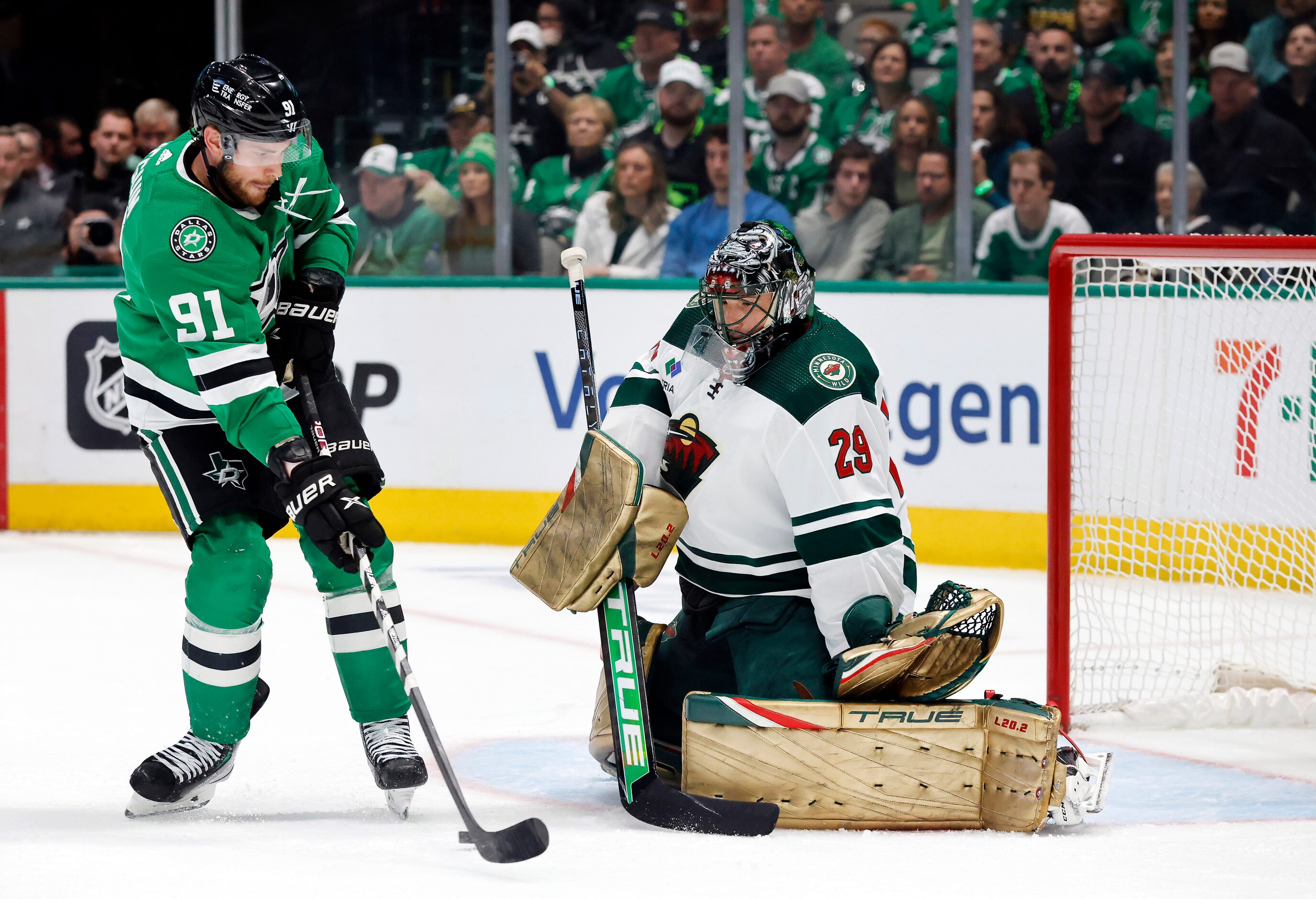 Dallas Stars center Tyler Seguin (91) gathers the puck, shoots and scores on Minnesota Wild...