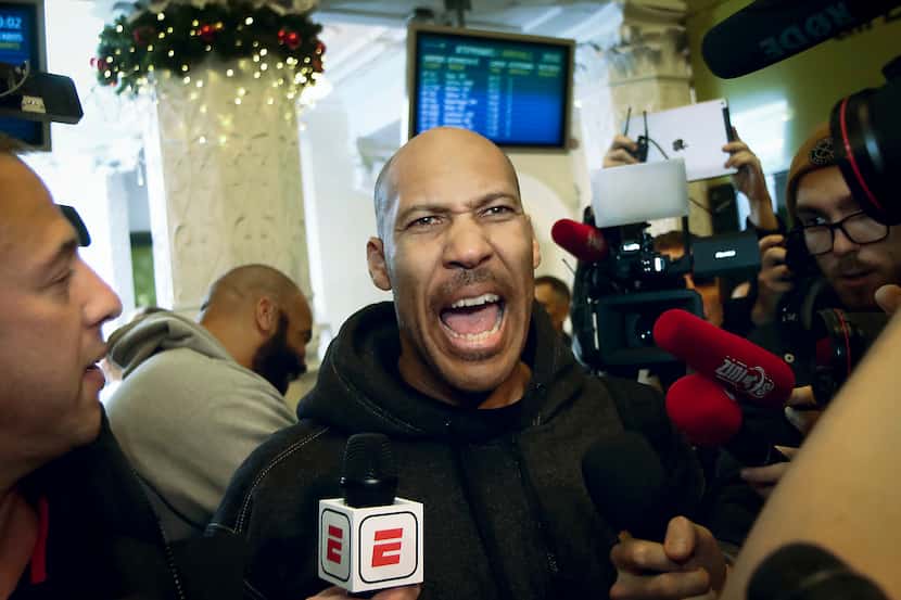 LaVar Ball talks to the media upon his arrival at Vilnius airport in Lithuania, on January...