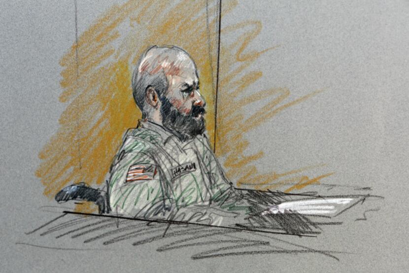 This Aug. 6 courtroom sketch shows Maj. Nidal Malik Hasan during court-martial proceedings...