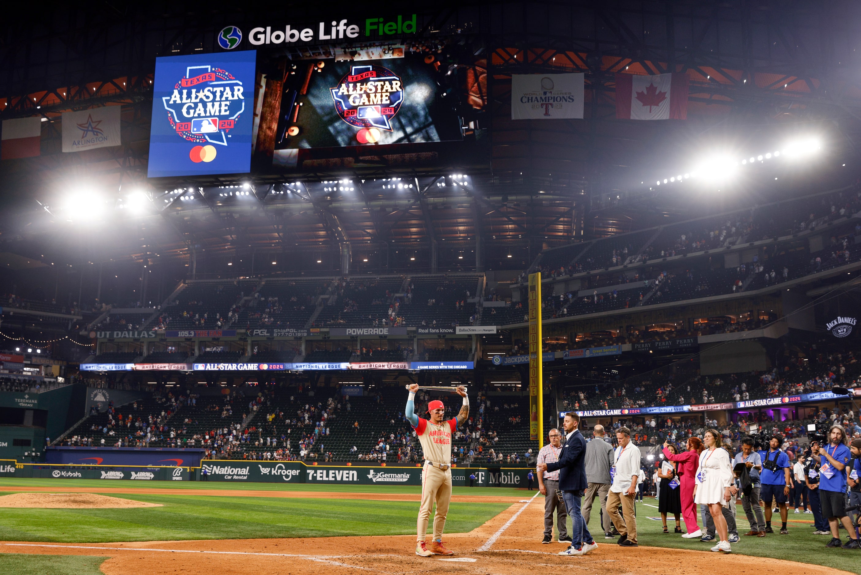 American League's Jarren Duran, of the Boston Red Sox, hoists the Ted Williams Most Valuable...