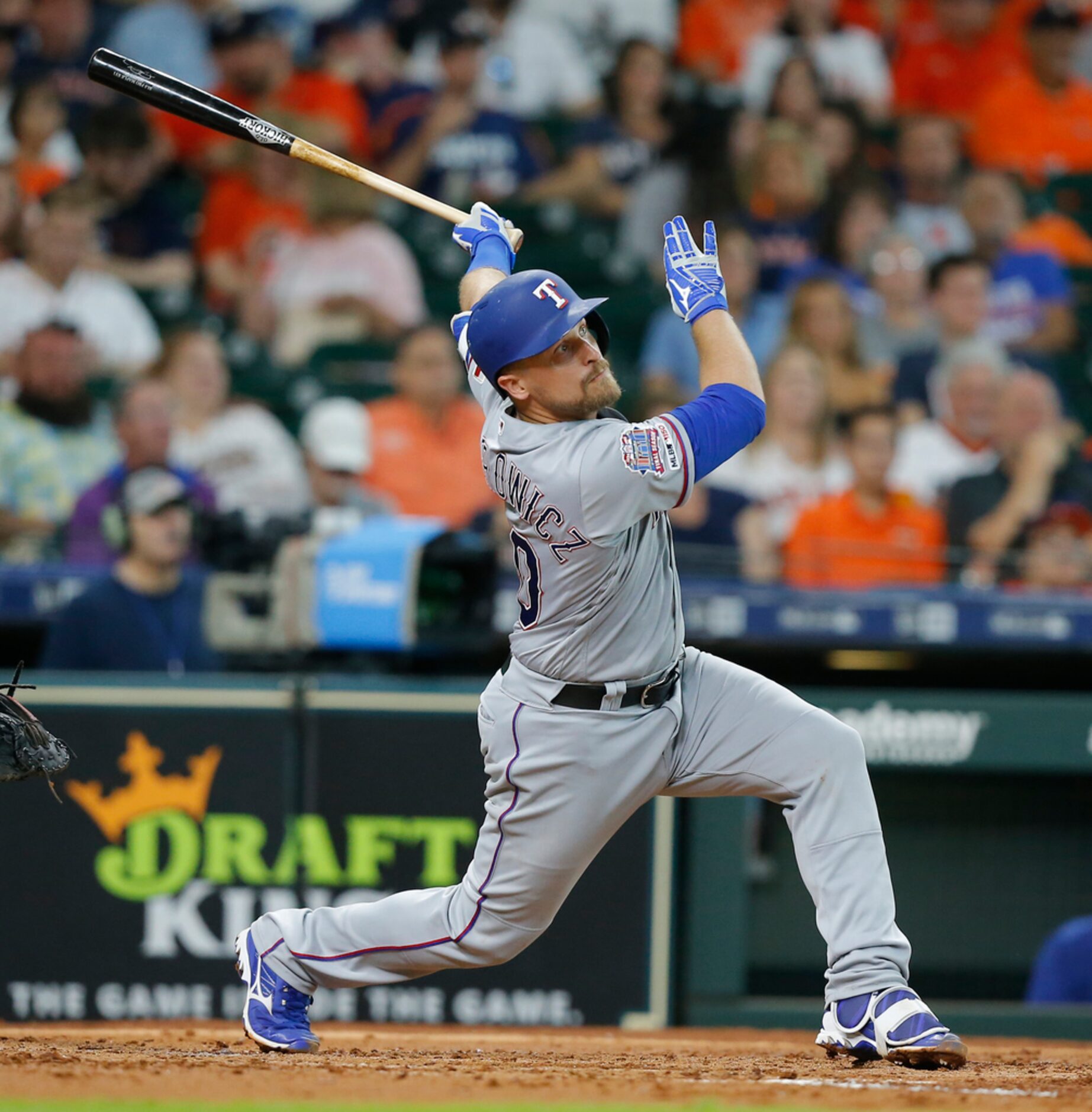 HOUSTON, TEXAS - JULY 20: Tim Federowicz #50 of the Texas Rangers pops out in the third...