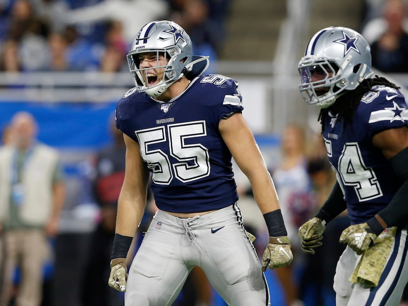 Dallas Cowboys outside linebacker Leighton Vander Esch (55) celebrates after a defensive...