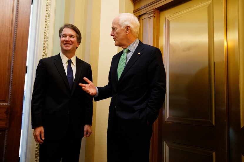 Supreme Court nominee Brett Kavanaugh mets with Sen John Cornyn of Texas at the Senate on...