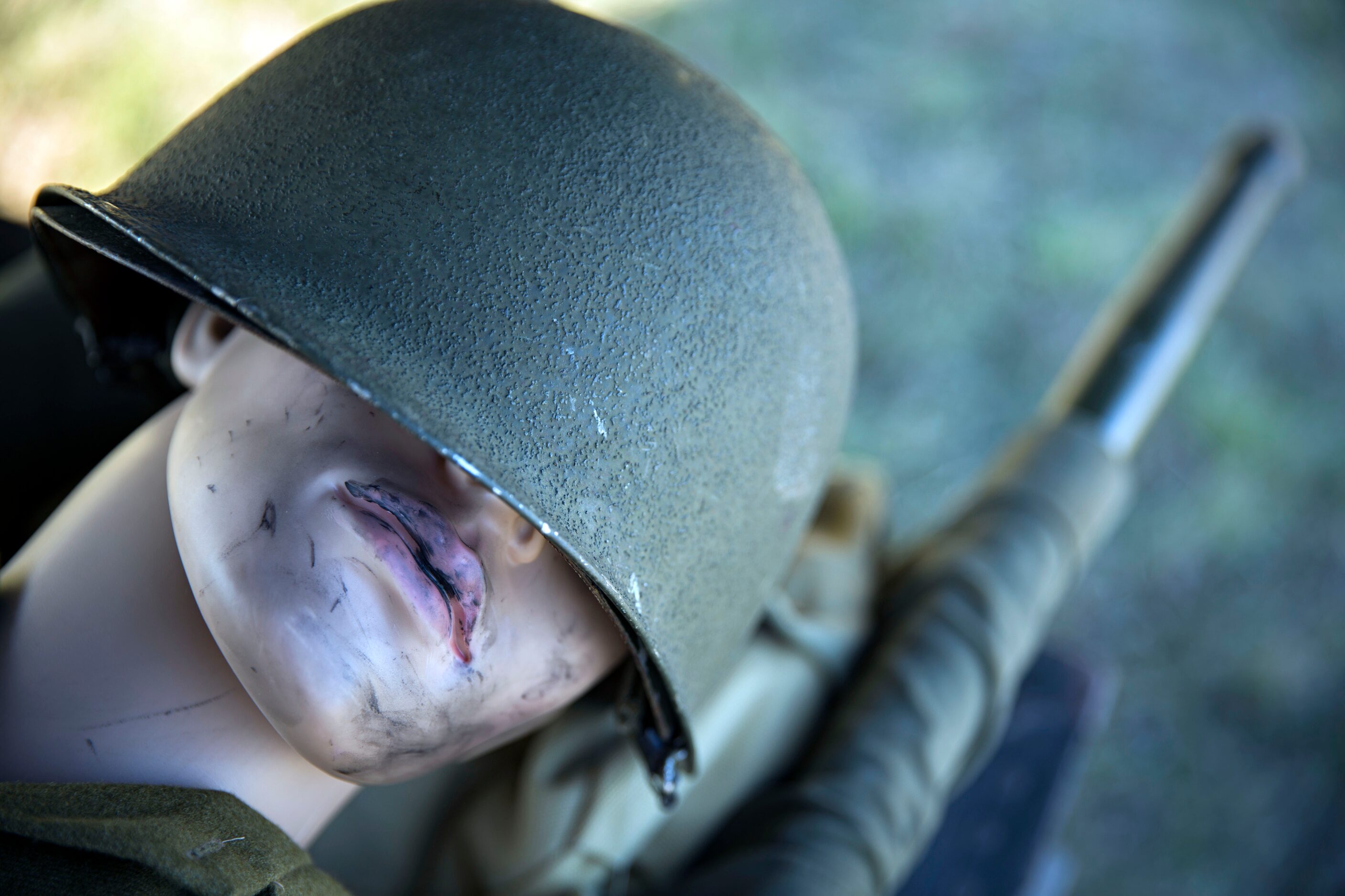 A dummy lies on a stretcher in the infirmary of a re-enactment camp during the Commemorative...