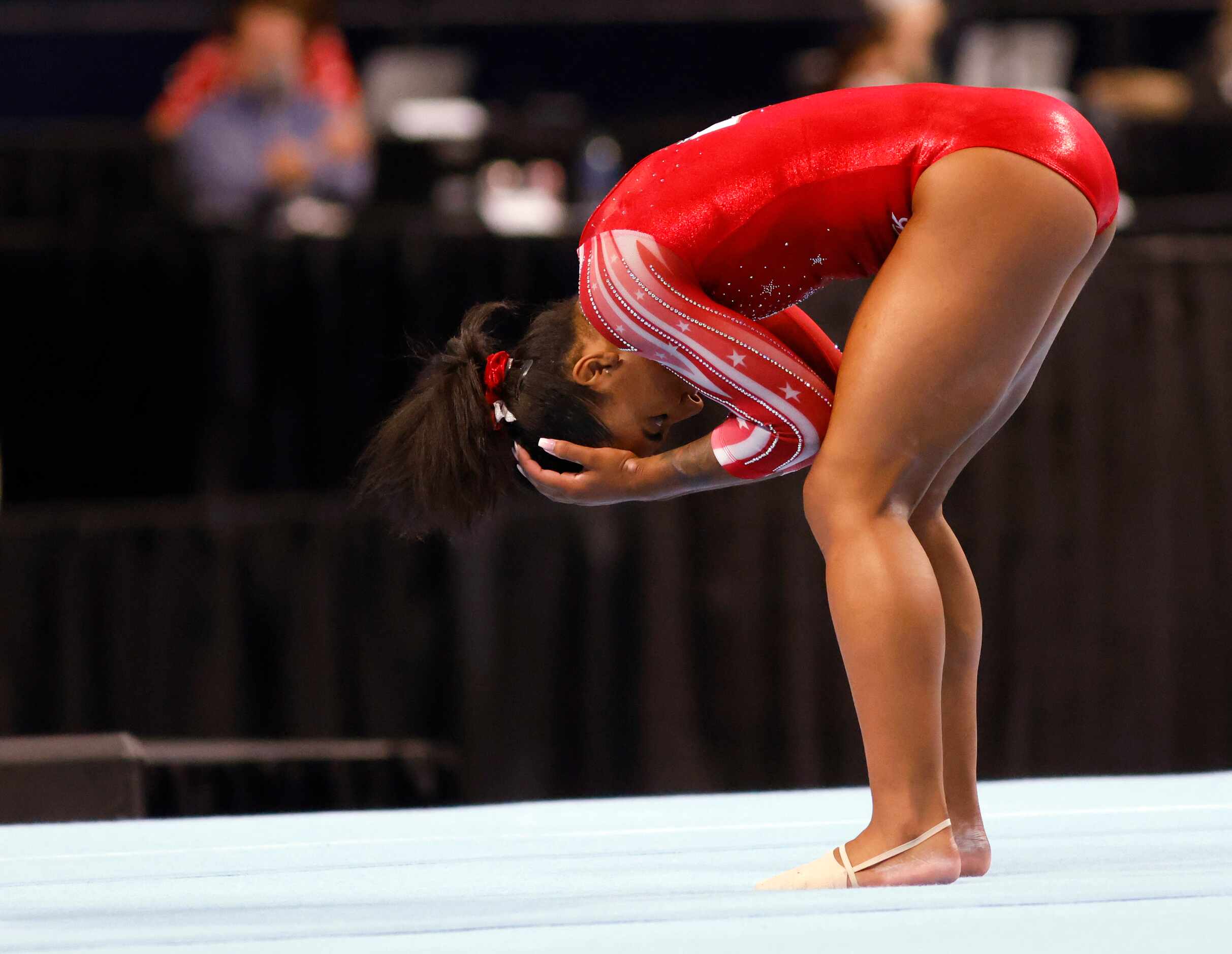Jordan Chiles gets emotional after completing her floor routine during day 2 of the women's...