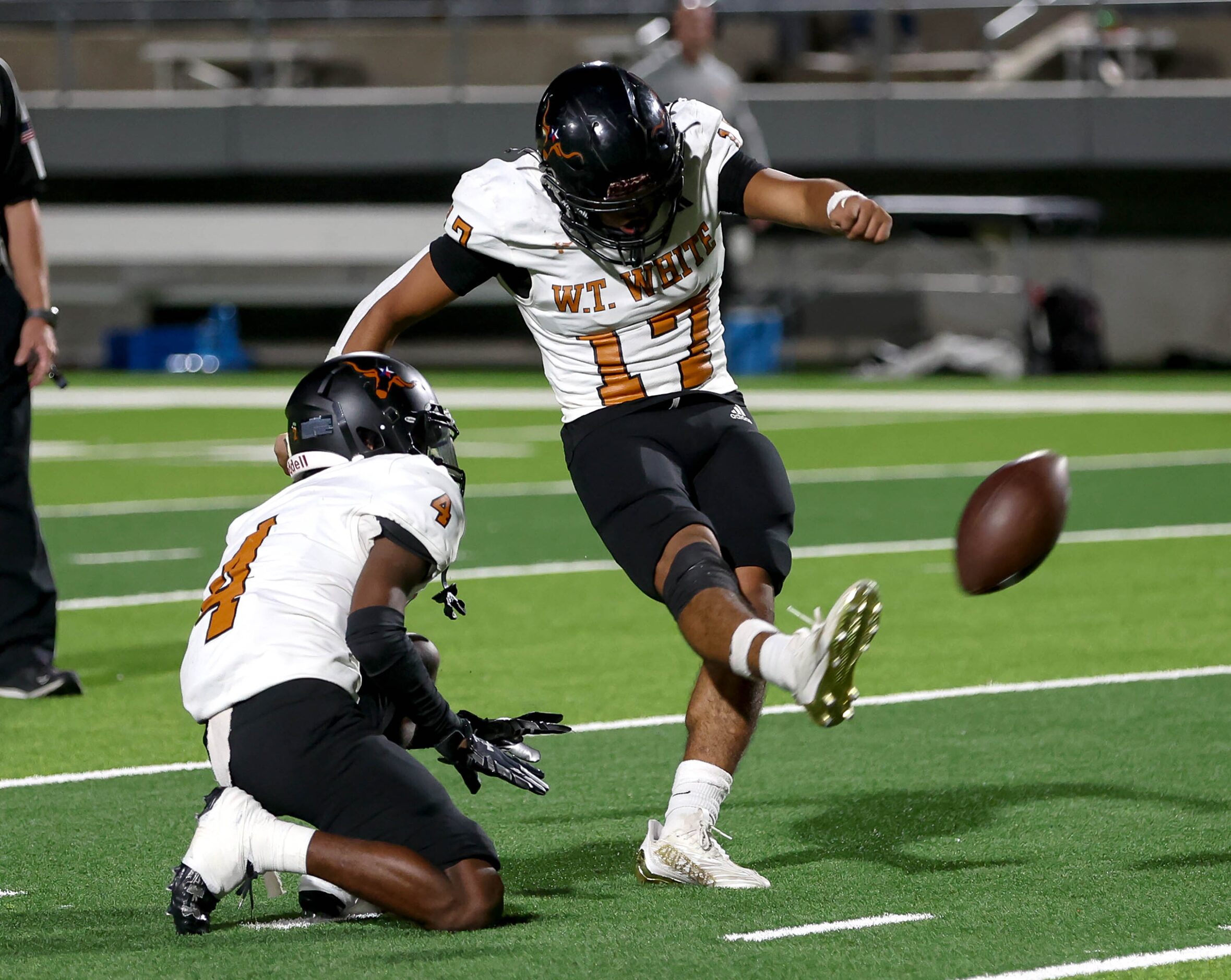 W.T. White place kicker Manuel Rodriguez Jr (17) kicks the game winning field goal in...