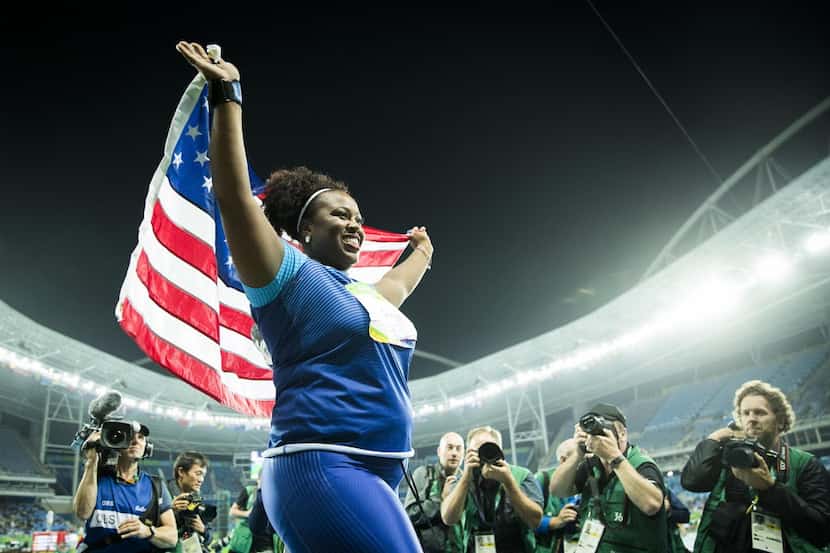 Michelle Carter celebrates after winning the gold at the Rio Olympics.