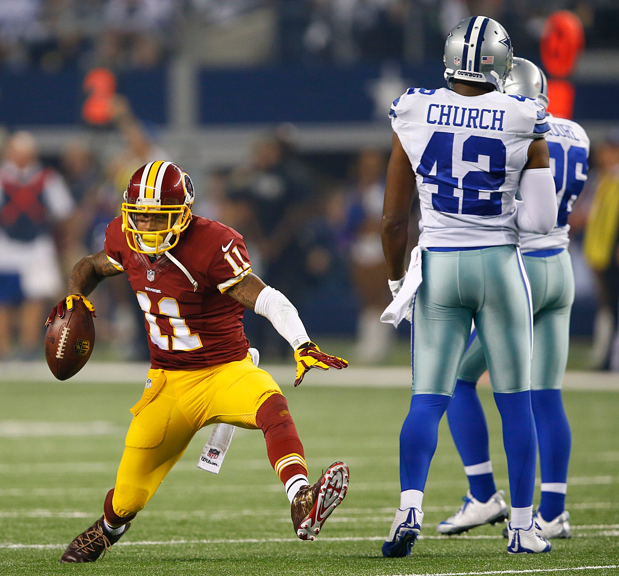 Washington Redskins wide receiver DeSean Jackson (11) reacts after making a big catch in the...