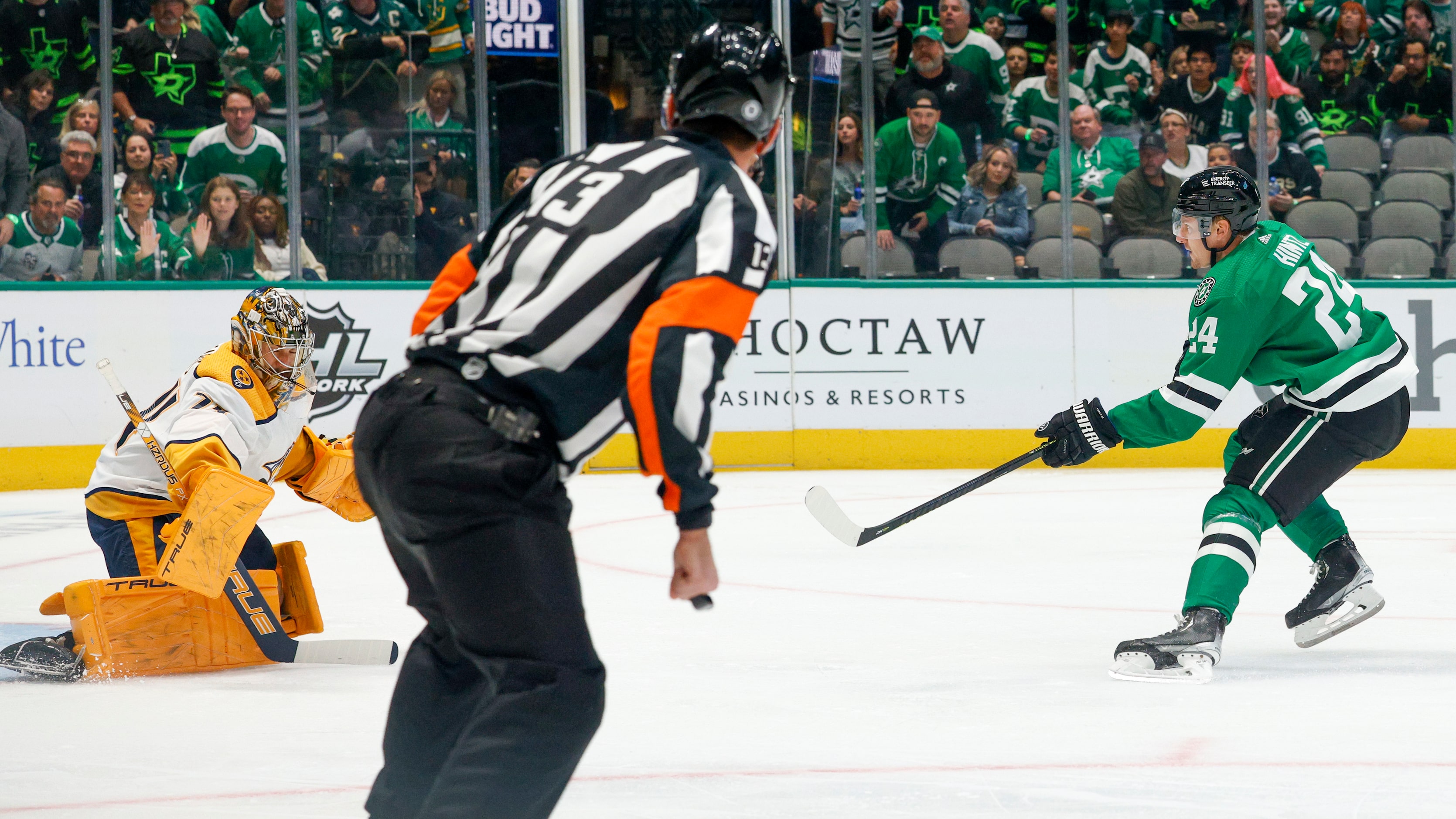 Dallas Stars center Roope Hintz (24) scores on a goal past Nashville Predators goaltender...