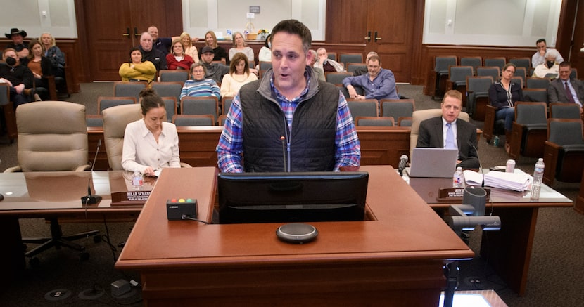 Jason Stover, pastor of Lonesome Dove Baptist Church in Southlake, speaks before the...