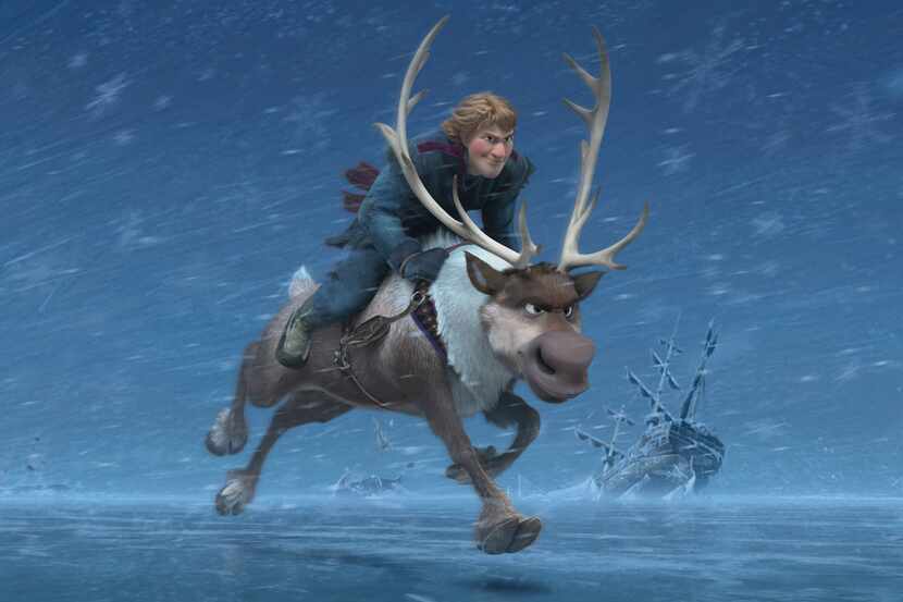 In an undated handout image from the movie "Frozen," Kristoff rides Sven the reindeer. The...