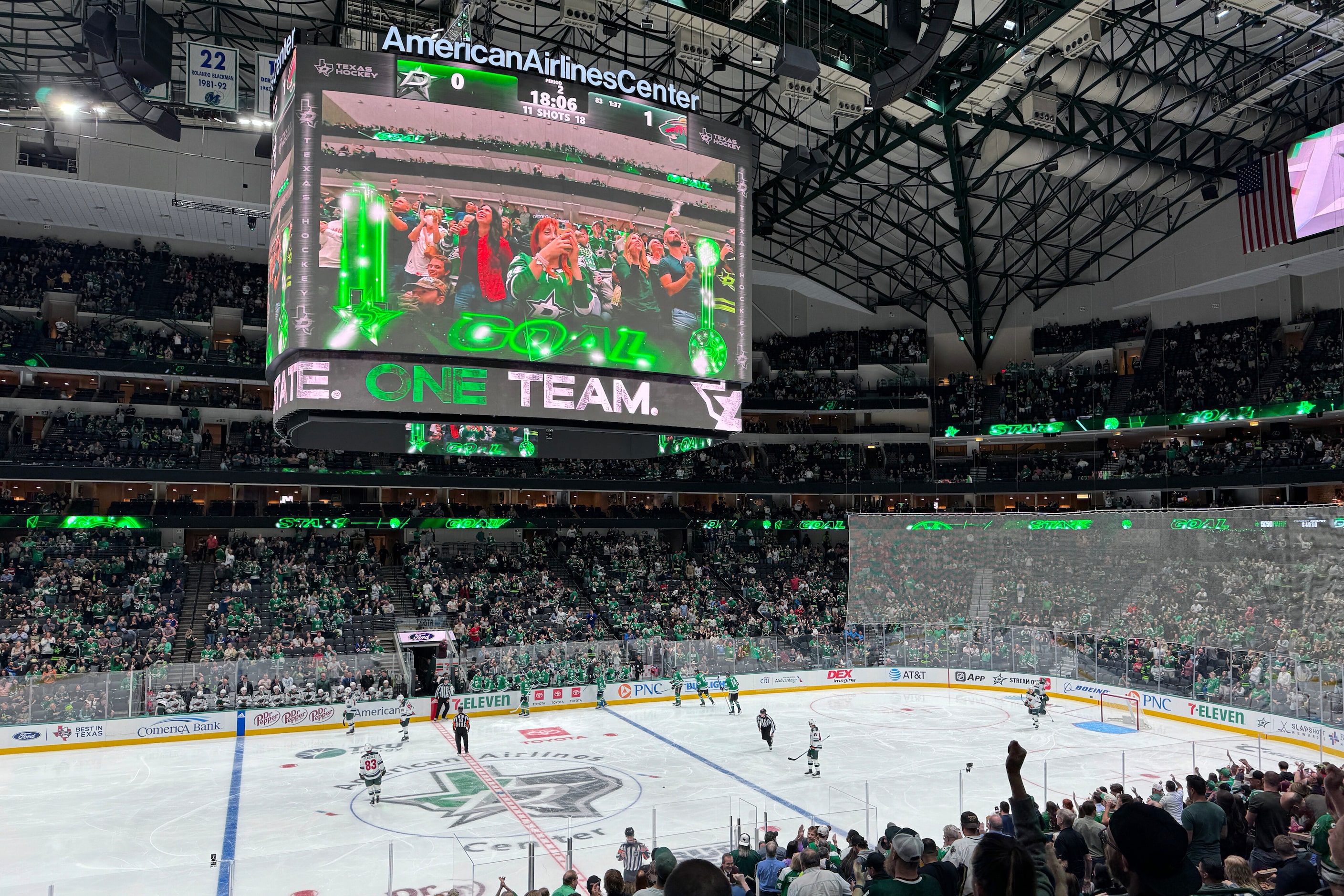 The new video board is seen at the American Airlines Center during the first period of an...