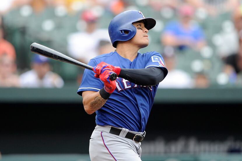 BALTIMORE, MD - JULY 15:  Shin-Soo Choo #17 of the Texas Rangers hits a single in the fifth...