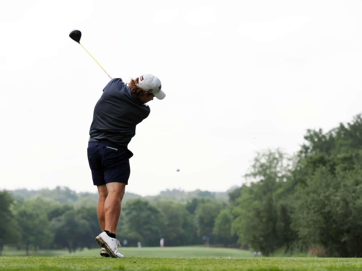 Sachse's Garrett McMellon tees off on hole #3 during the first round of the 2024 UIL Boy's...