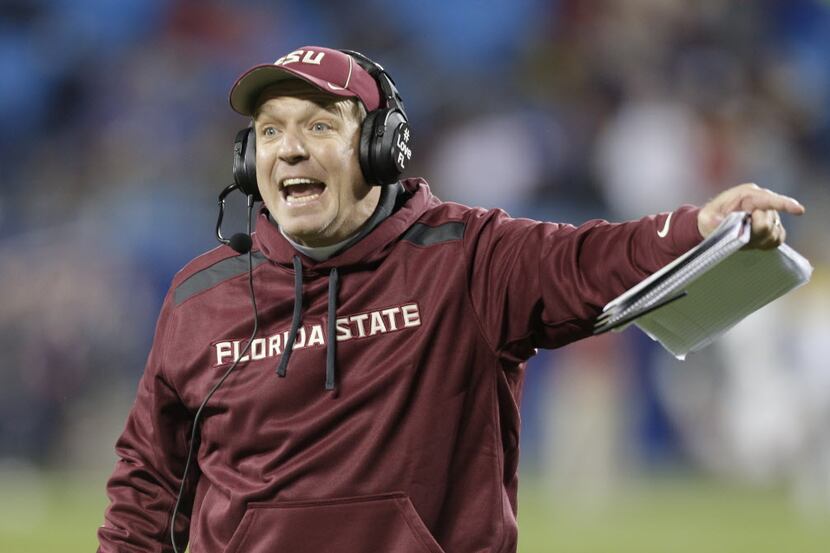 Florida State head coach Jimbo Fisher argues a call in the second half of the Atlantic Coast...