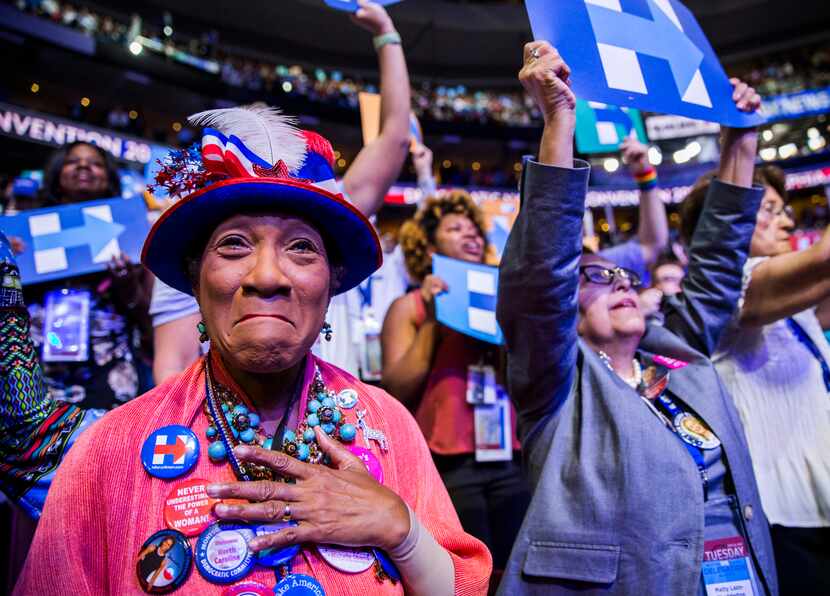Gloria Goodwin (left) and Matty Lazo-Chadderton of North Carolina react to Hillary Clinton...
