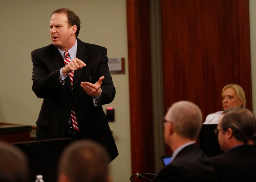 Special prosecutor Bill Wirskye gives closing arguments during the punishment phase of the...