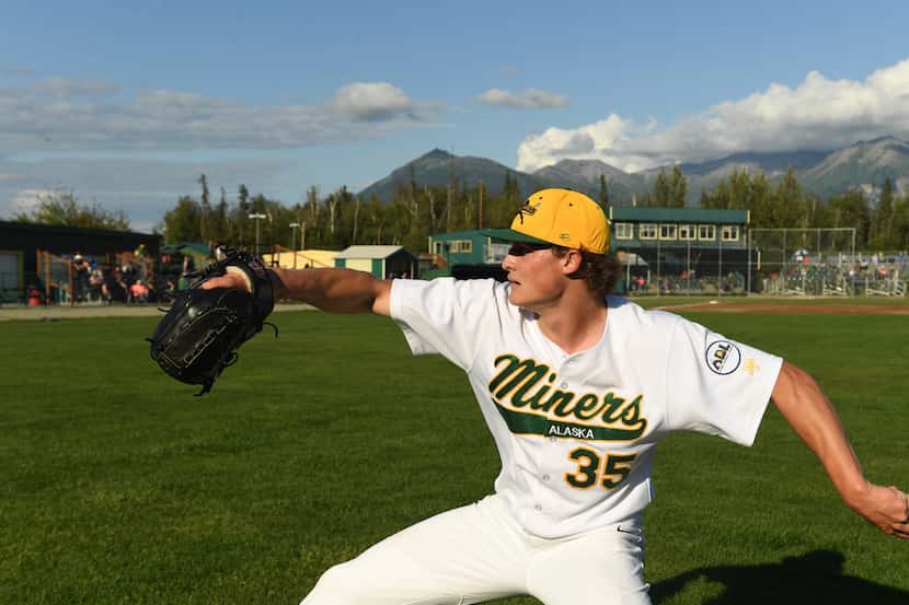 Will Johnston (35) warms up before starting for the Mat-Su Miners in Palmer, Alaska on...