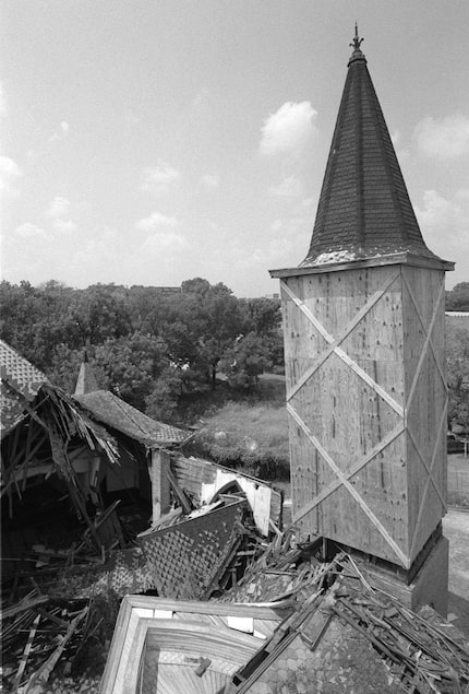 July 14, 1995--This is an overhead view of the  damaged roof of the twin-steepled Sunshine...