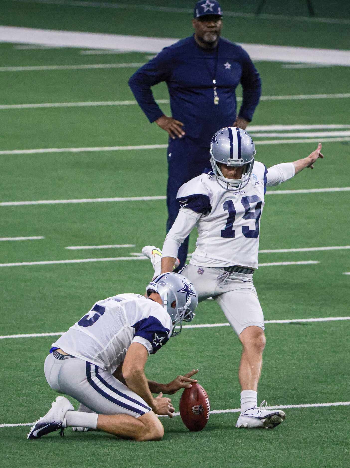 Dallas Cowboys place kicker Brett Maher (19) kicks a field goal during the Dallas Cowboys...
