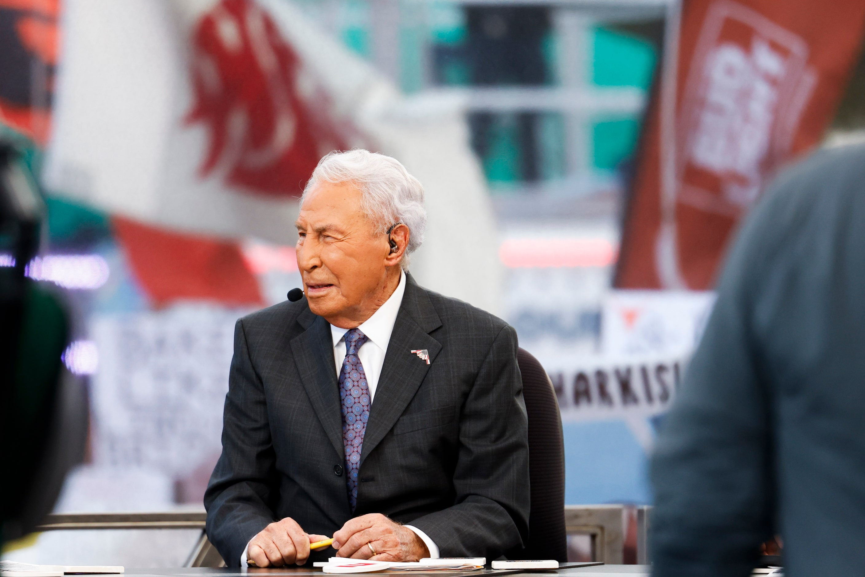 Lee Corso takes part in ESPN Game Day ahead of the Red River Showdown at the Cotton Bowl, on...