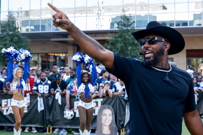 Former Dallas Cowboys player Dez Bryant cheers towards the crowd during the recording of...