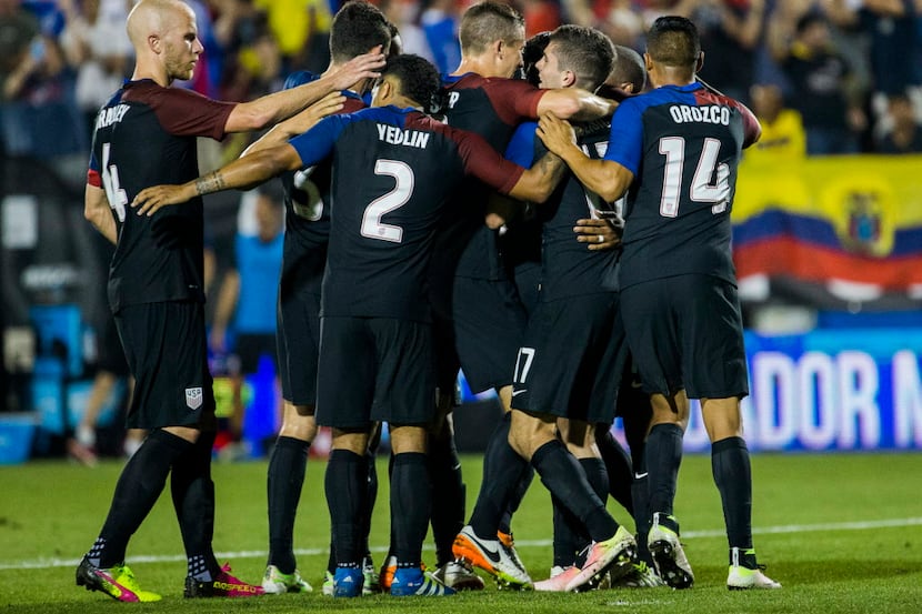 USA celebrates a goal by USA midfielder Nagbe Darlington (10) in the 90th minute of their...
