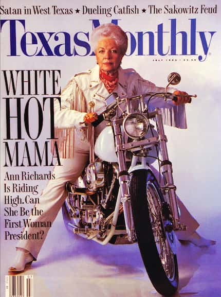 The July 1992 cover of Texas Monthly shows Gov. Ann Richards dressed in white leather...