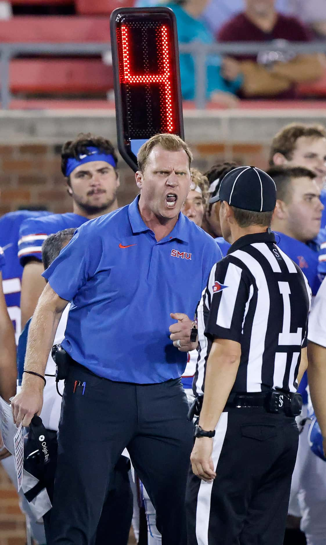 Southern Methodist Mustangs head coach Rhett Lashlee is livid with line judge Lance Thompson...