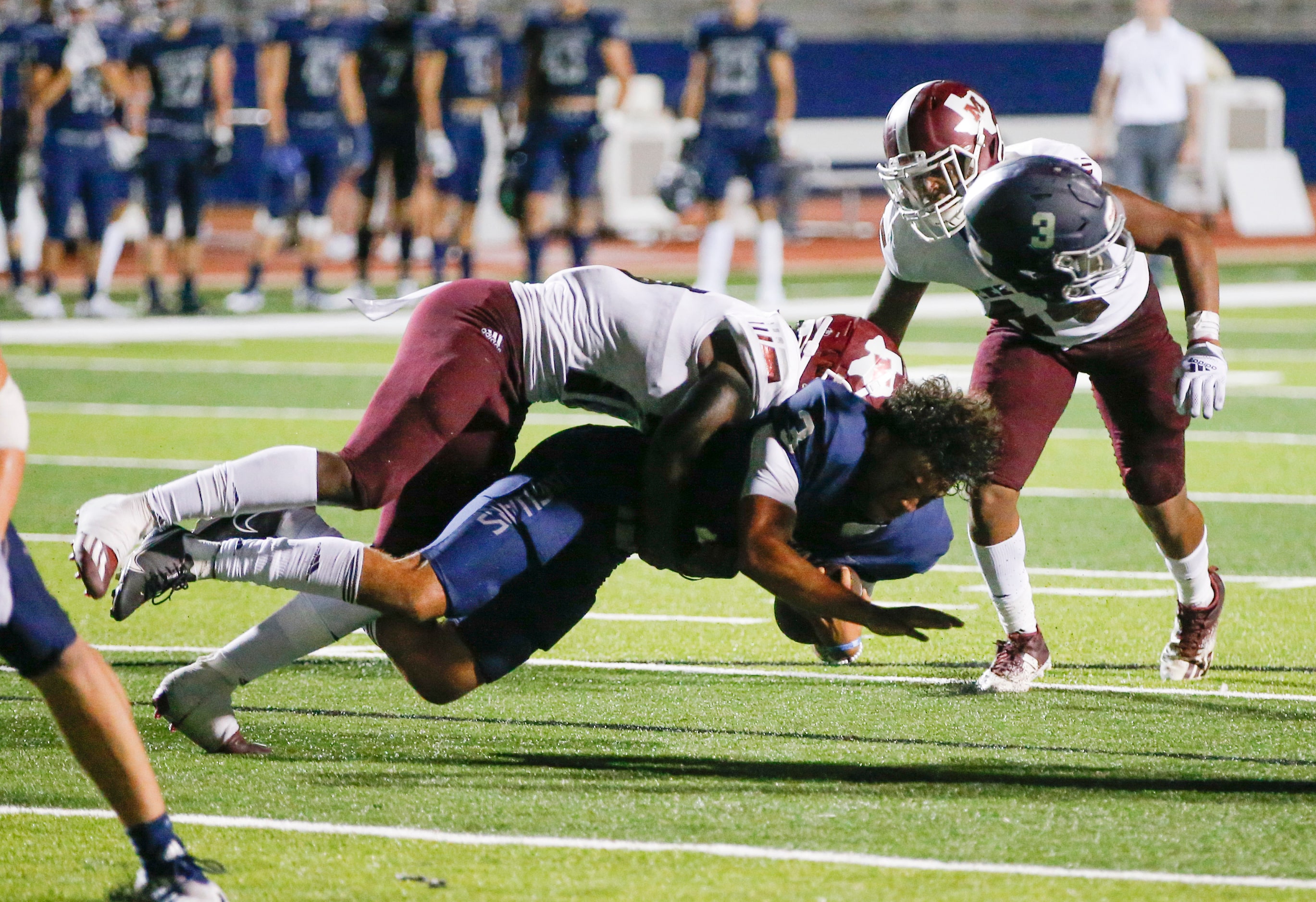 Mesquite senior linebacker Josh Williams (10) tackles Flower Mound senior quarterback Nick...