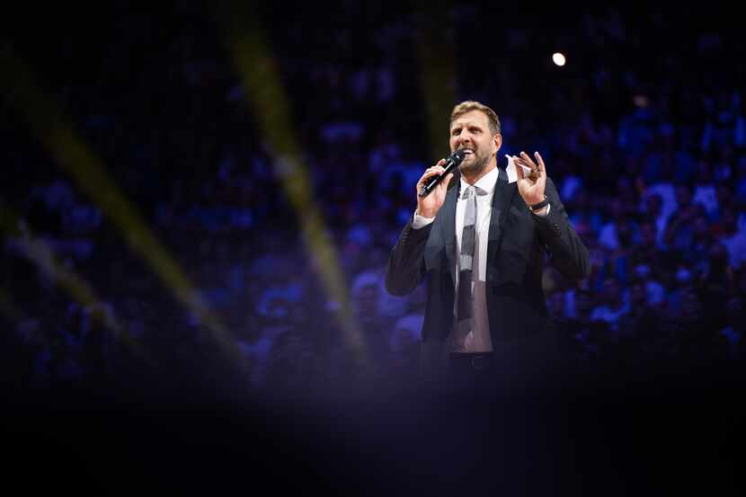 COLOGNE, GERMANY - SEPTEMBER 01: Dirk Nowitzki speaks during his jersey retirement prior to...