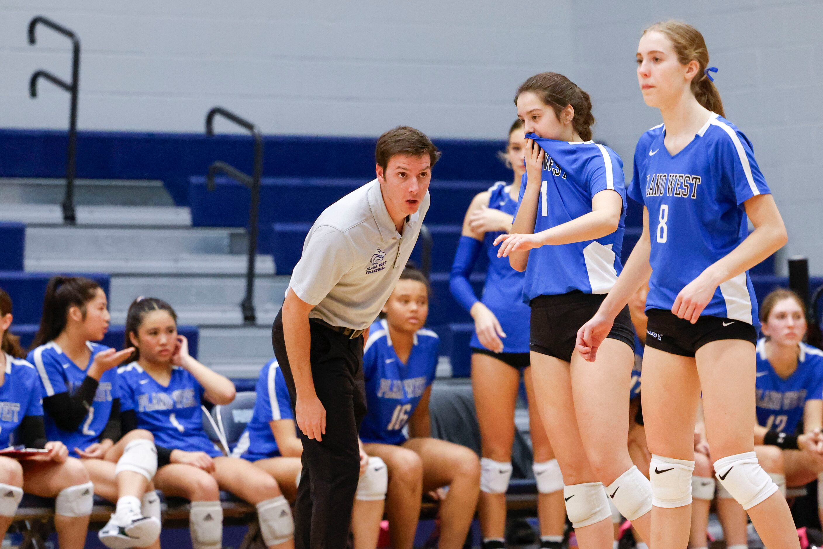 Plano West’s head coach Cooper Phillips listens to the players during class 6A bi-district...