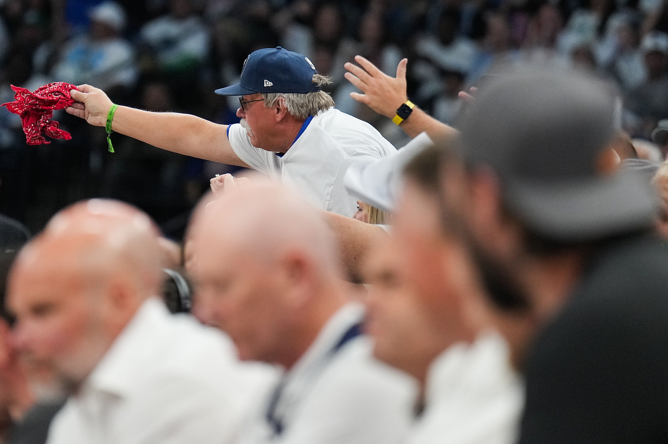 A heckler waves a handkerchief at Dallas Mavericks guard Luka Doncic during the first half...