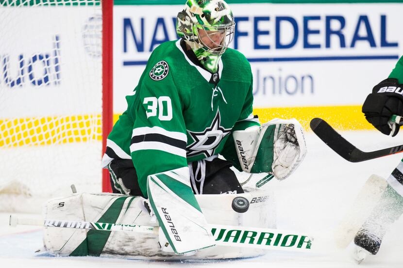 Dallas Stars goalie Ben Bishop; blocks a shot during the second period of Game 3 of Round 2...