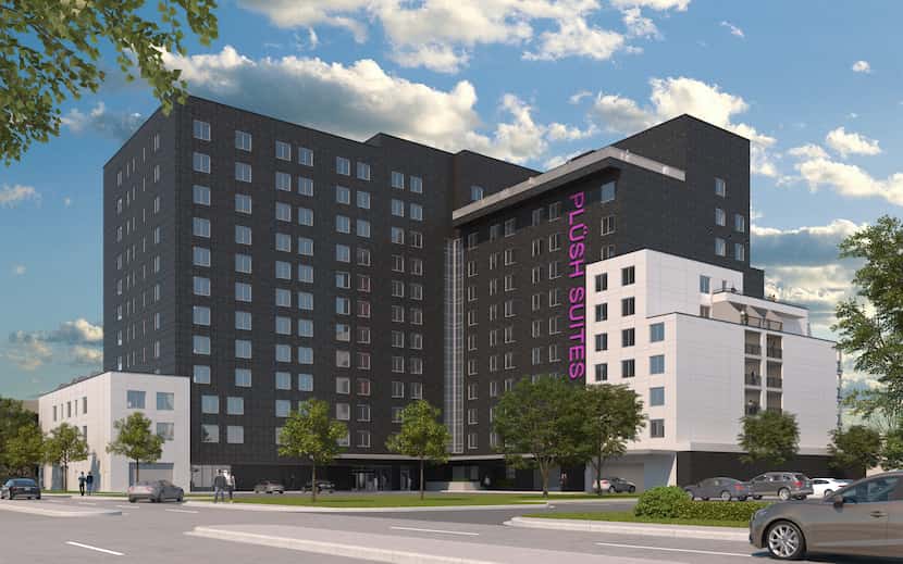 A rendering of the planned Plush Suites hotel  north of the Galleria.