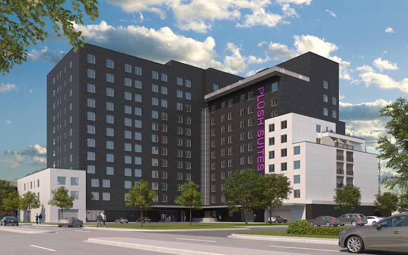 A rendering of the planned Plush Suites hotel located north of the Galleria.