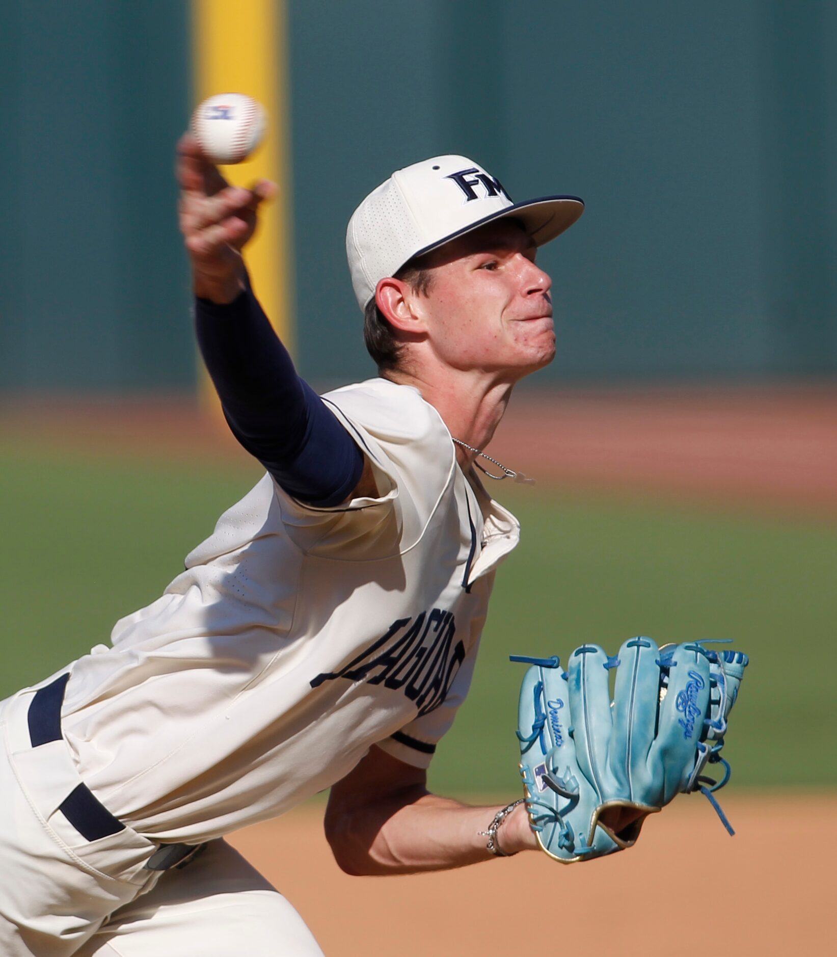 Flower Mound pitcher Zack James (7) delivers a pitch to a Pearland batter during the top of...