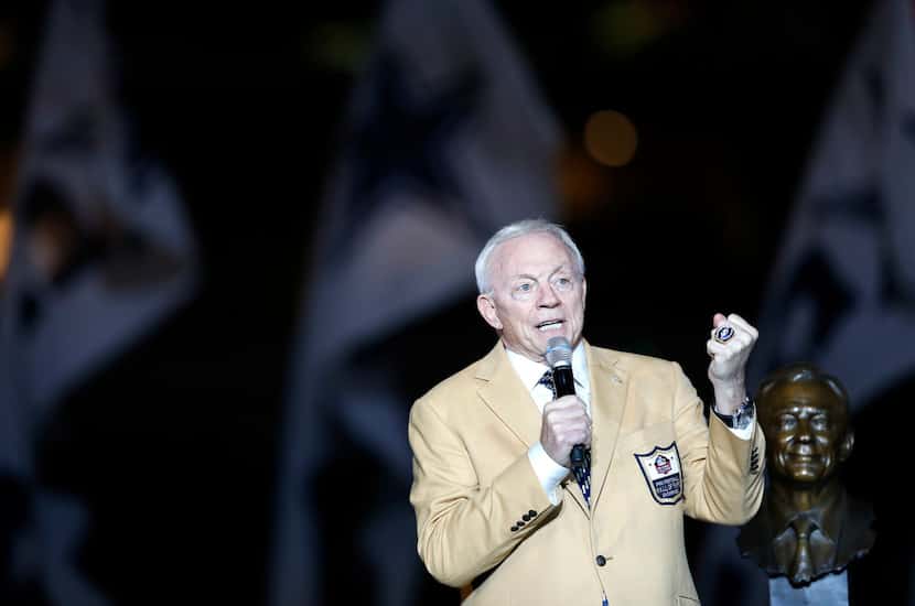 Dallas Cowboys owner and general manager Jerry Jones speaks to the crowd after receiving his...